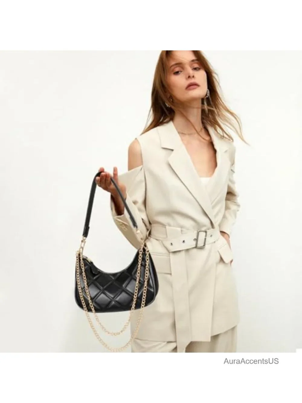PU Leather Hobo Shoulder Bag with Chain Strap Crossbody Purse